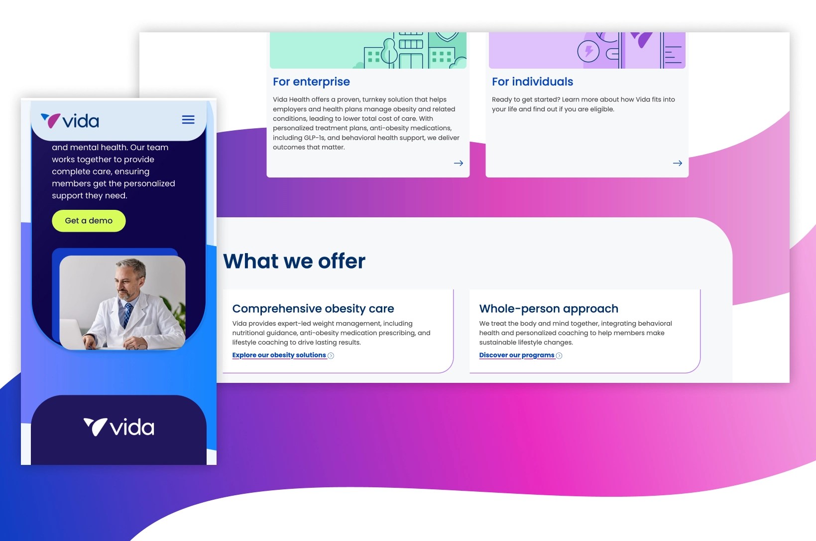 An example of the shape background block, showing a gradient wave in the background of Vida's site.