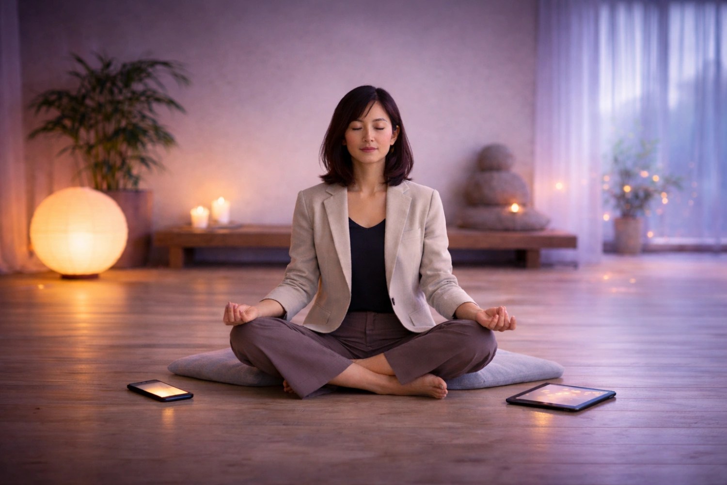 Woman in modern business casual sits cross-legged on a cushion in a minimalist yoga studio, meditating with eyes closed; a glowing phone and iPad rest on the floor nearby amid soft purple, pink, and blue ambient light.
