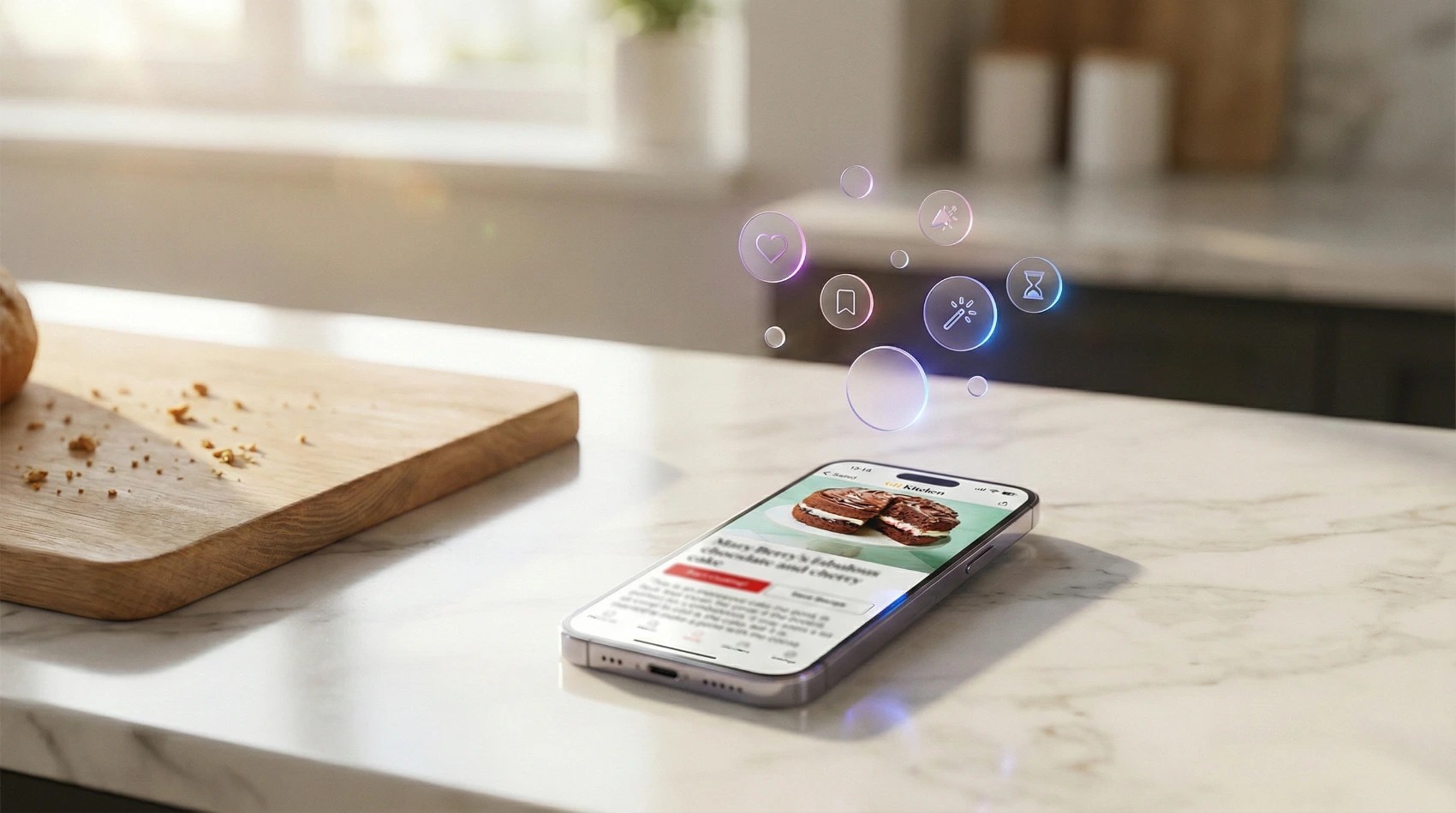 A phone lays on a kitchen counter with the GH Kitchen app on the screen. Bubbles with icons like save, like, and time float above the phone.