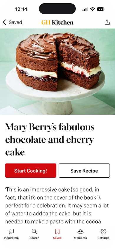 Screenshot of the GH Kitchen app displays a recipe for chocolate cake. 