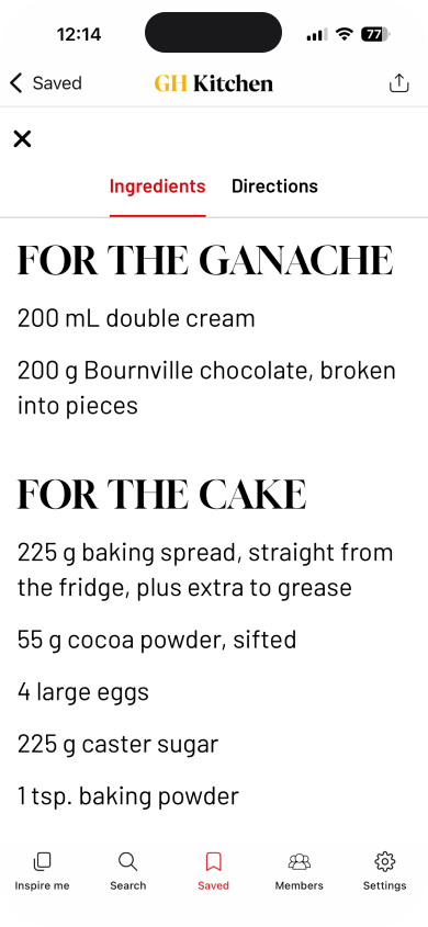 Screenshot of the GH Kitchen app shows Cooking Mode, with the ingredients listed in large type. 