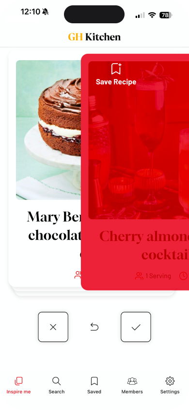Screenshot of the GH Kitchen app shows swiping feature in motion, saving a recipe by swiping it right. 