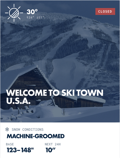 An example of the Ikon app's mountain preview, showing Ski Town USA's snow conditions and inches.