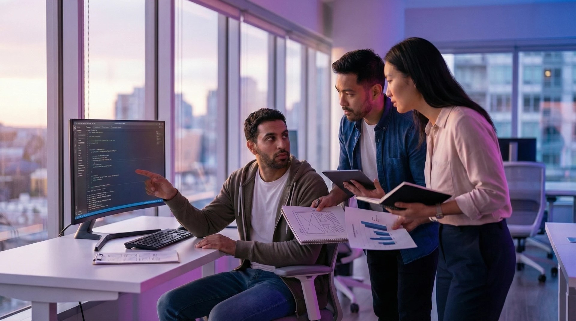 An engineer, designer, and research all huddle around an office desk, collaborating.