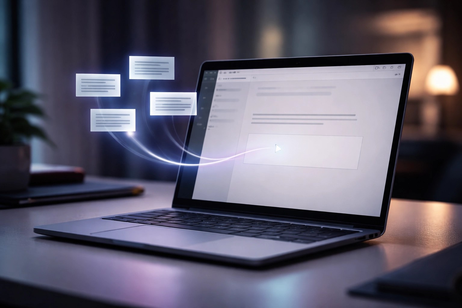 A laptop sits on a desk, open to a CMS. Four generated text boxes float outside of the laptop, signaling AI-generated text.