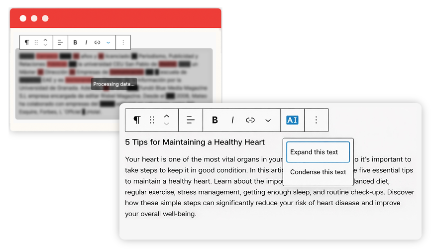 An example of ClassifAI's Expand Text feature, on a paragraph about "5 Tips for Maintaining a Healthy Heart".