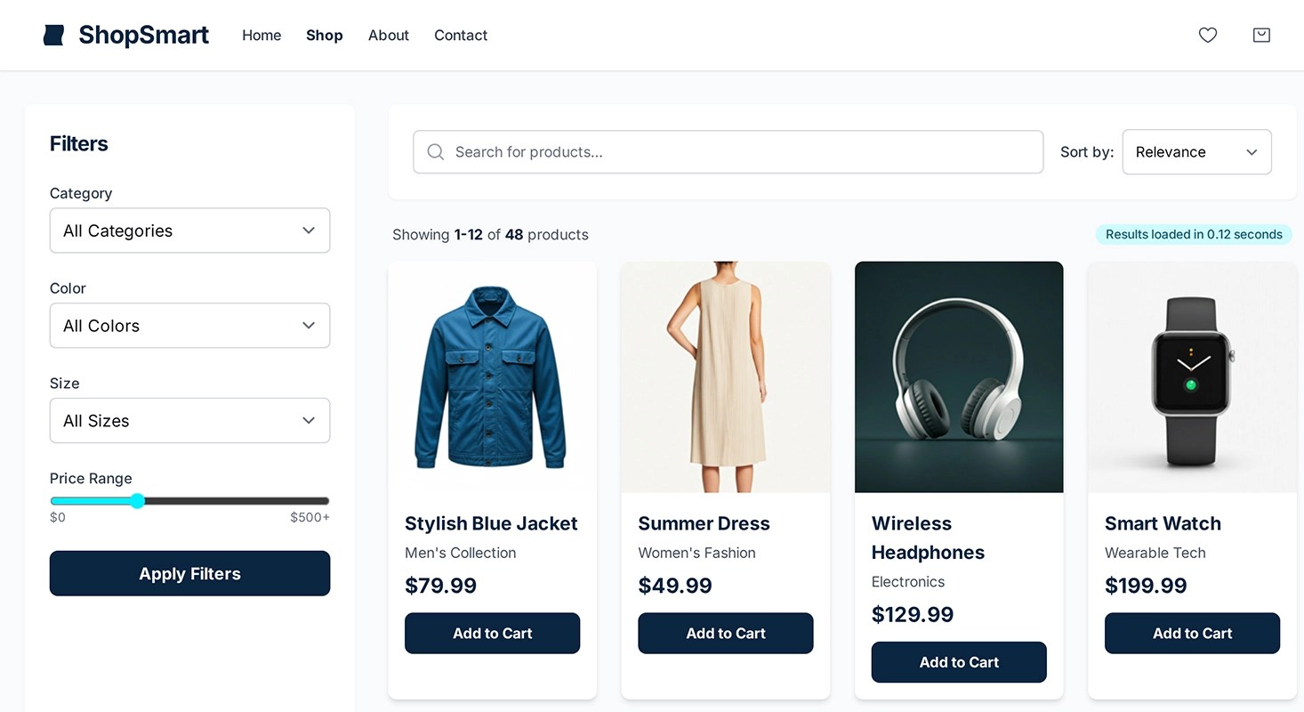 An example of a WooCommerce shop with filtered search results. 