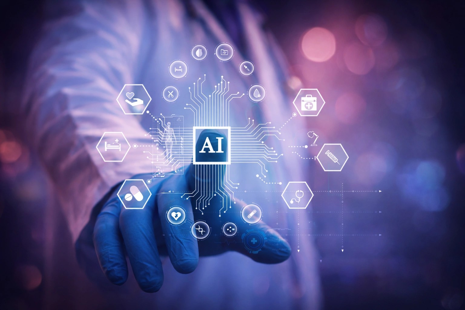 A doctor presses on an animated "AI" system, with AI at the center of a web.