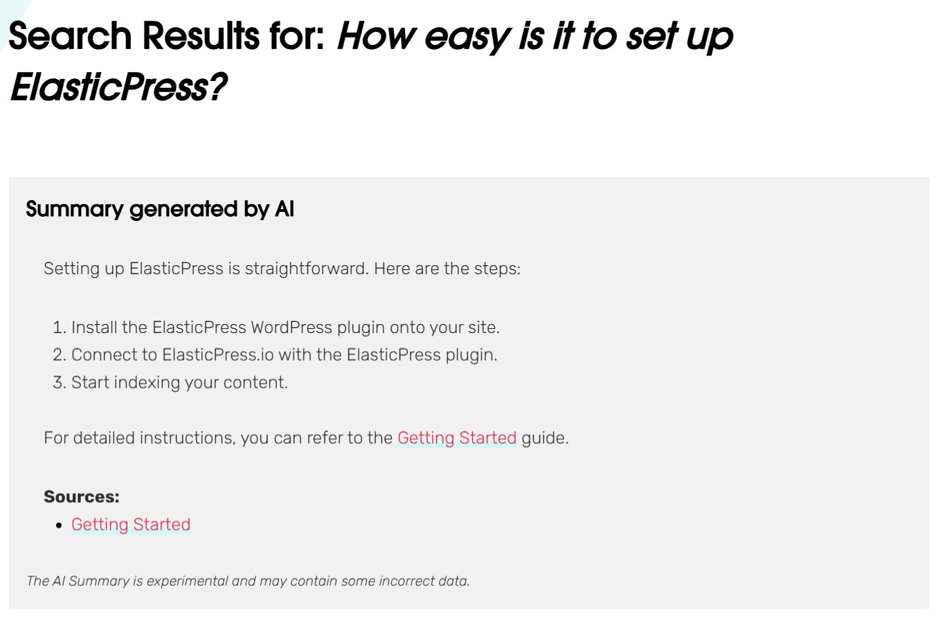 An example of an AI summary of search results generated by ElasticPress. 