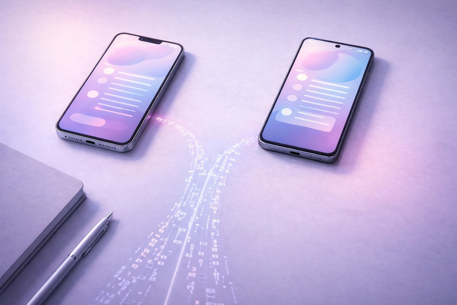 An iPhone and Android lay on a desk, with one stream of code flowing into each.