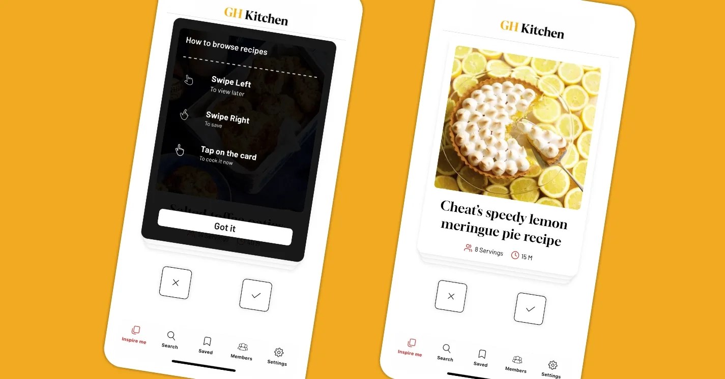 Screenshots of the Good Housekeeping Kitchen app, showing the swipe feature. 