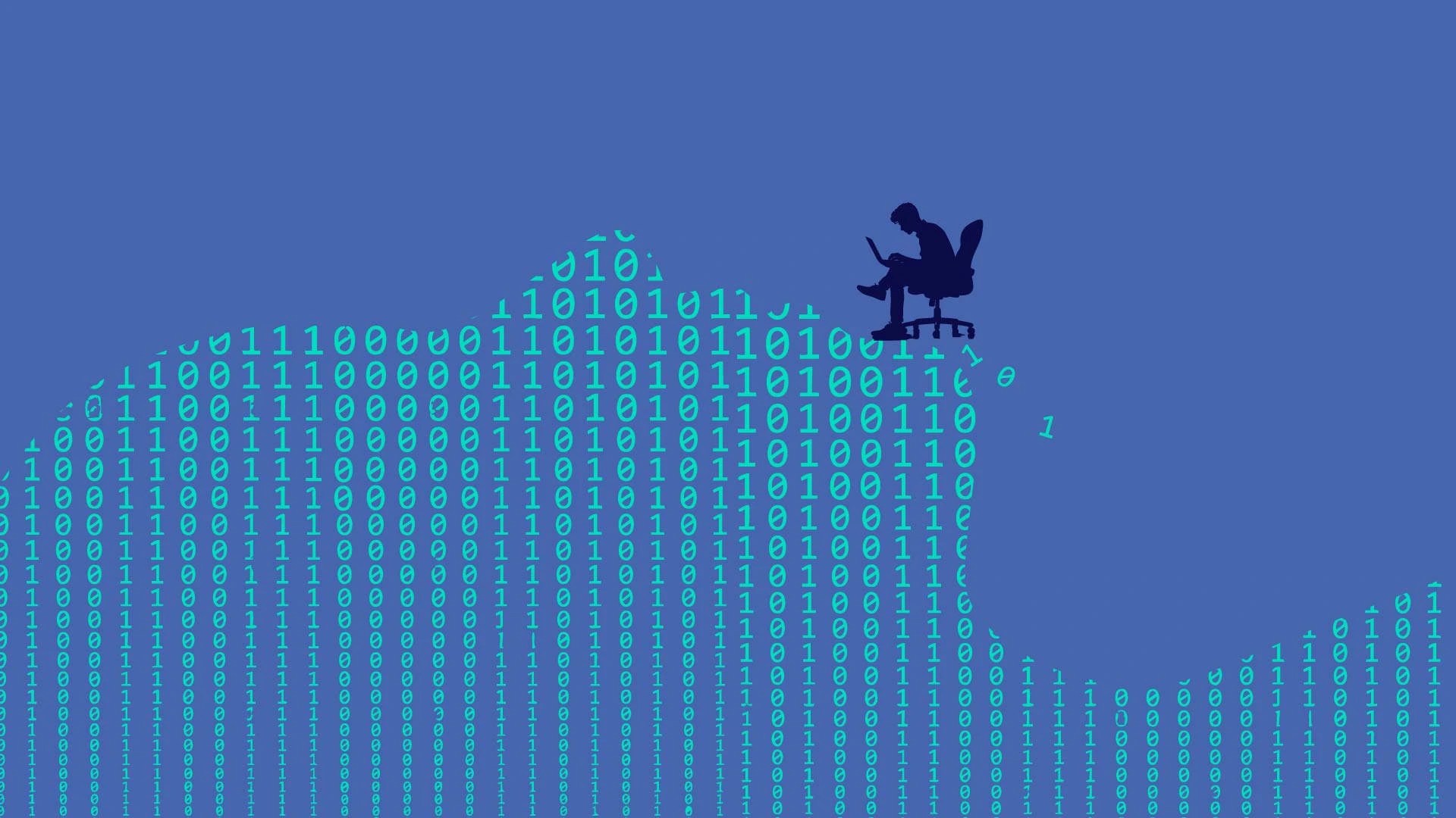 An illustration of an engineer sitting on top of the silhouette of a face made of code. 