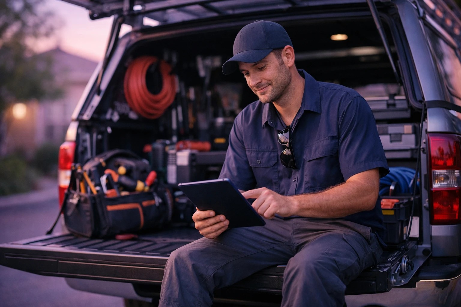 A small service businessman sits in the bed of his work truck, smiling at a tablet.