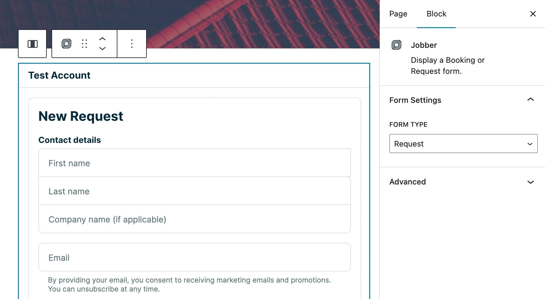 A screenshot of the Jobber integration, showing a new request example.