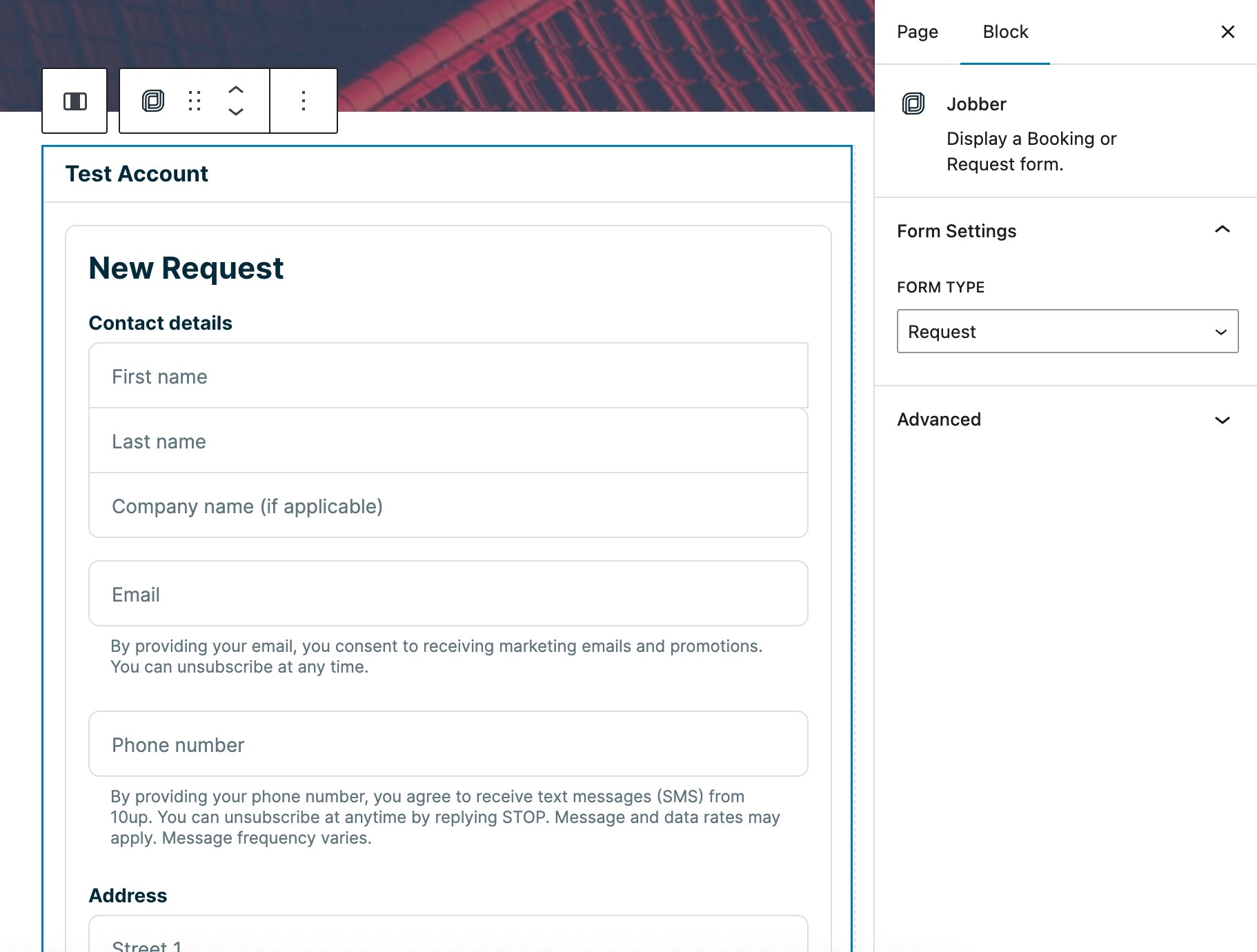 An example of placing the Jobber block inside a WordPress page, with the option to display a Booking or Request form. 