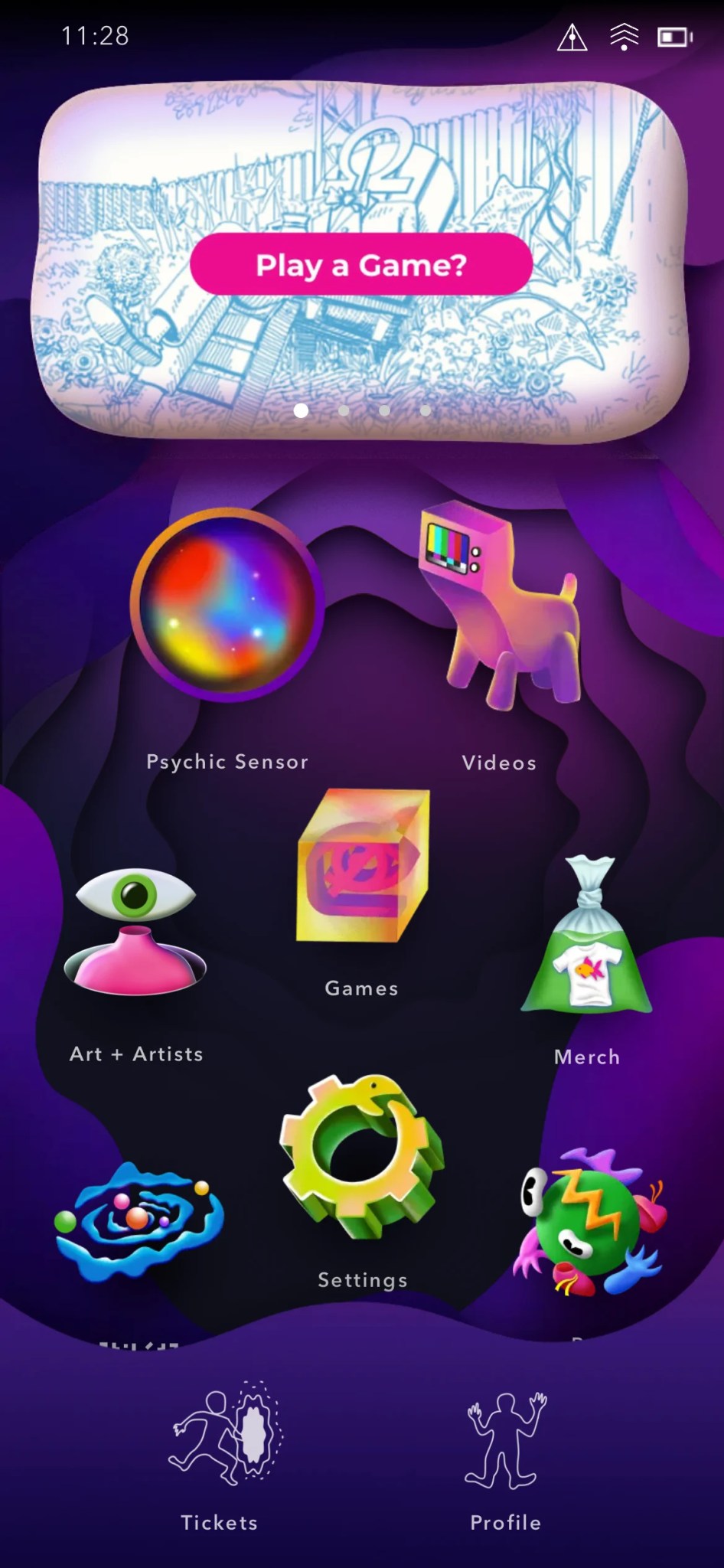 A screenshot of Meow Wolf's unique app, that looks and acts like it's own UI. 