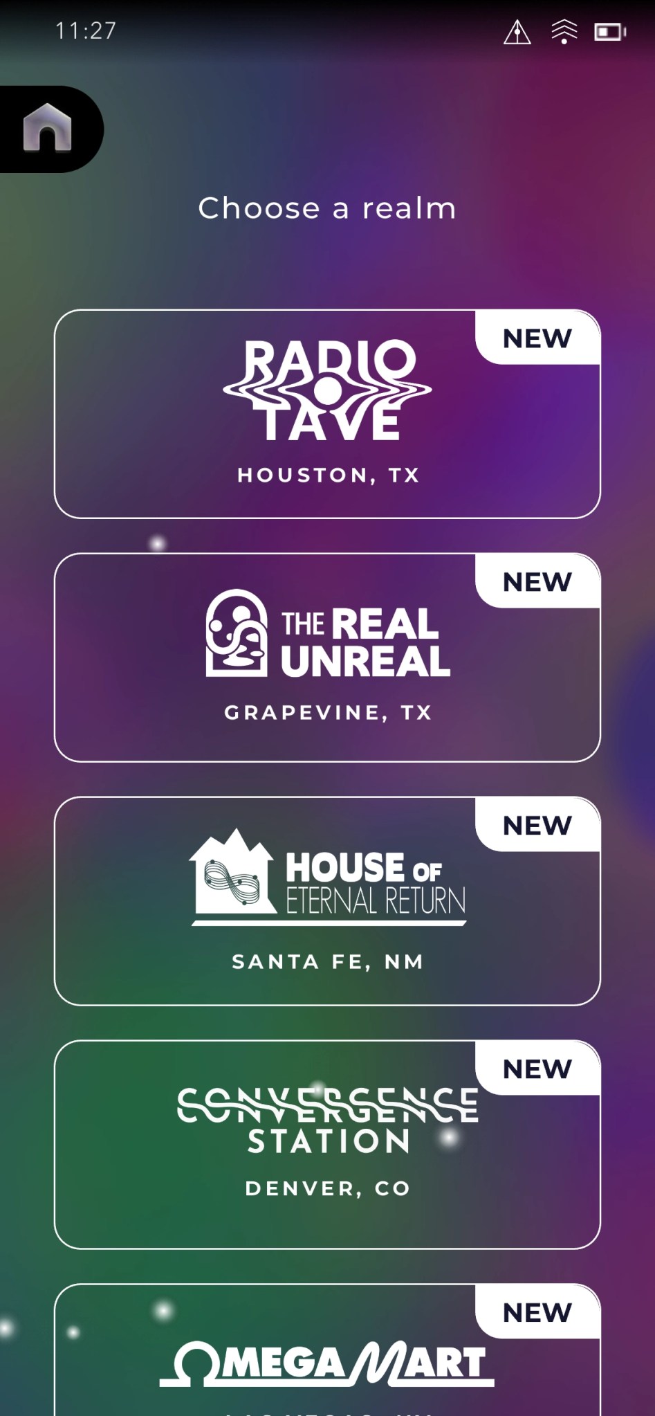 A screenshot of Meow Wolf's unique app, that looks and acts like it's own UI. 