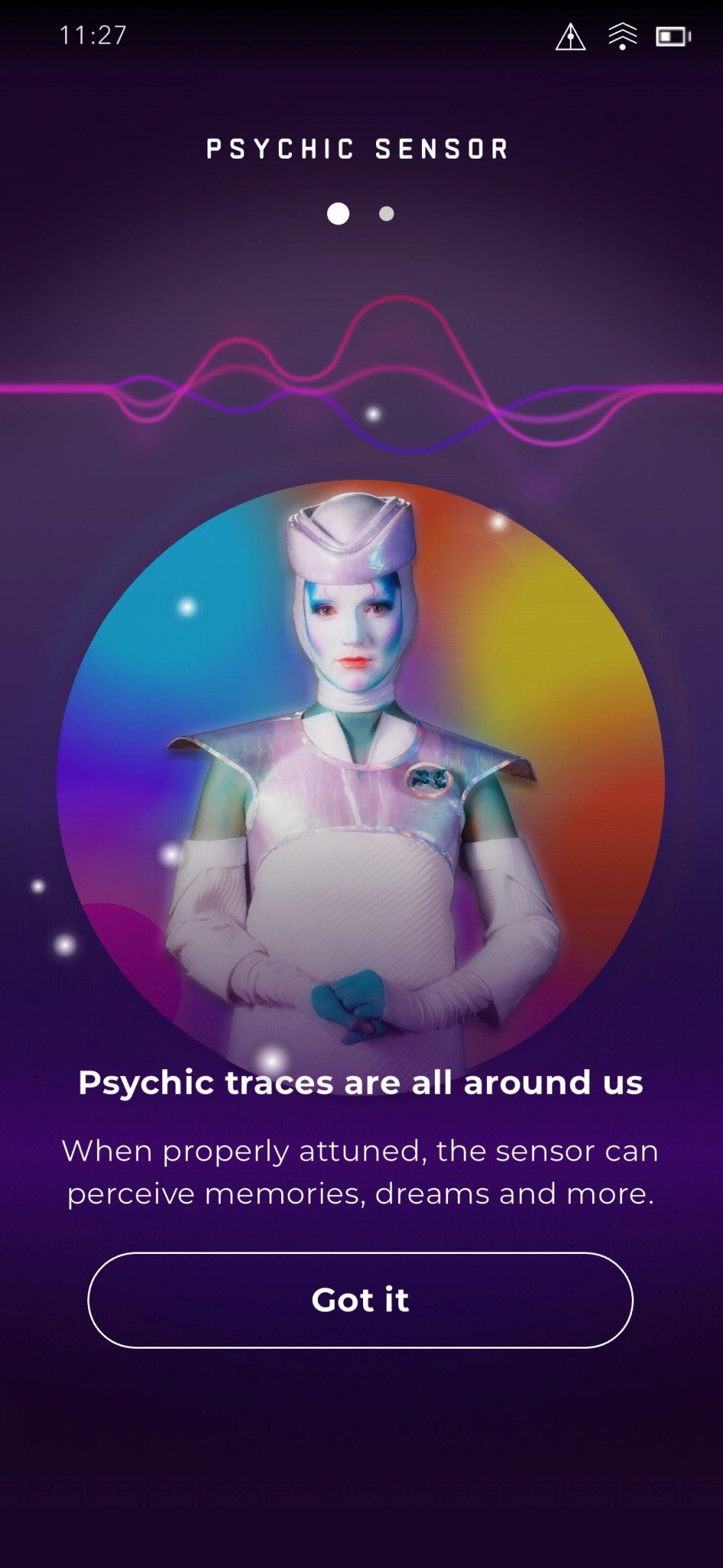 A screenshot of Meow Wolf's unique app, that looks and acts like it's own UI. 