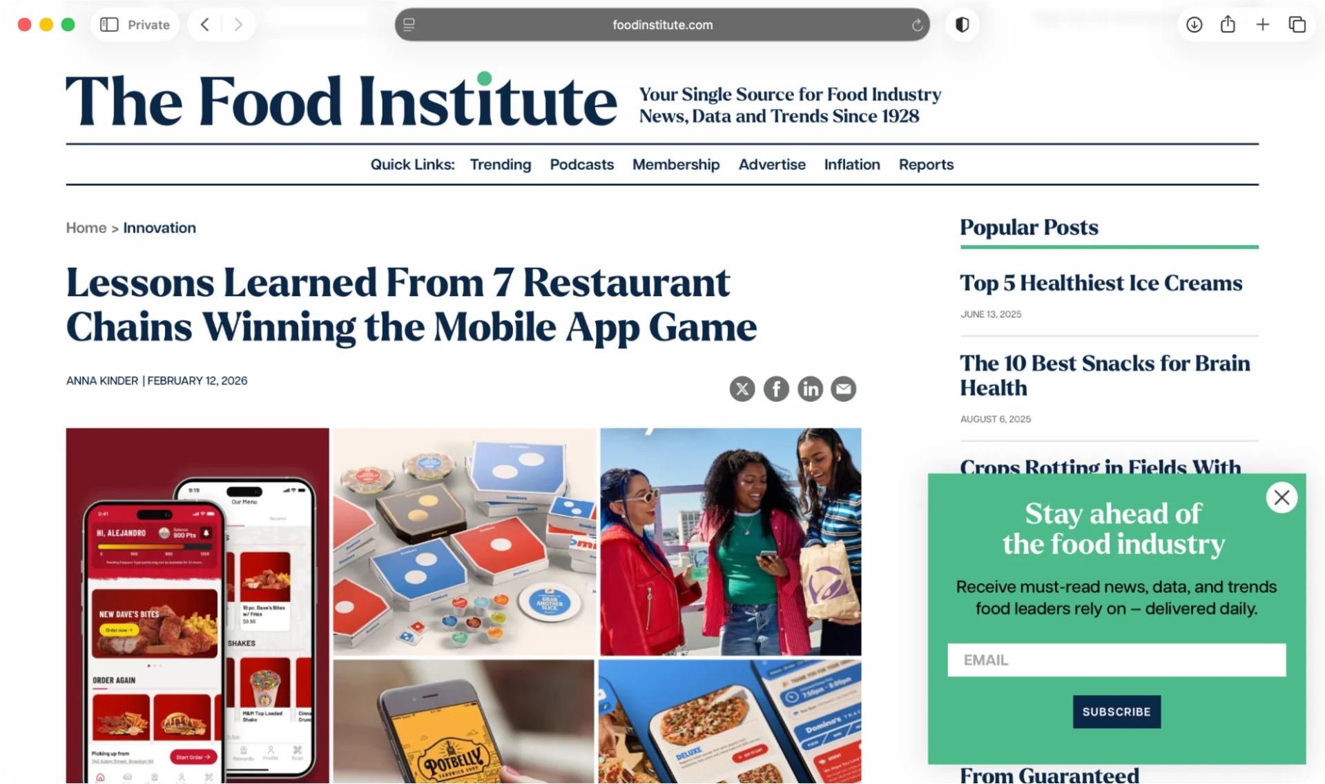 A screenshot of The Food Institute website, on the article page. 