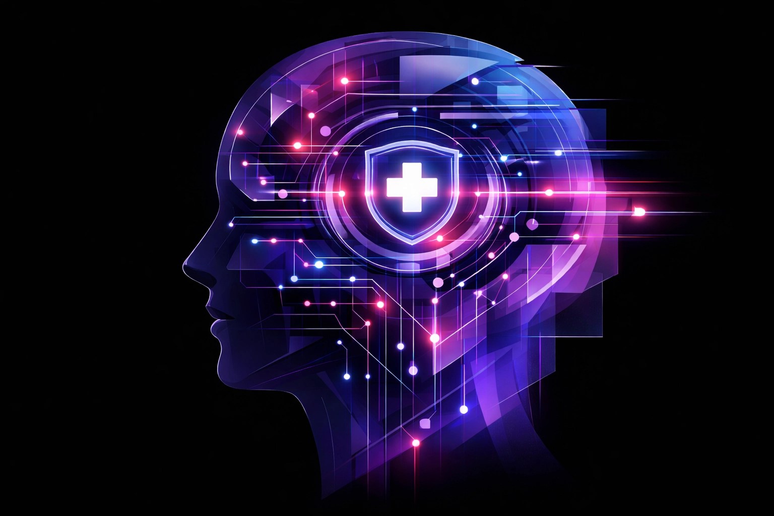 Illustration of a portrait facing head, with tech looking connections inside, and a healthcare cross in the center.