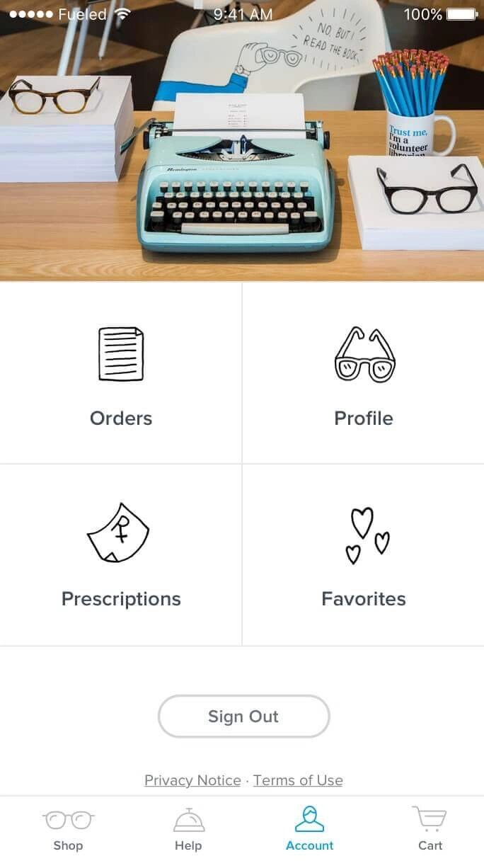 A screenshot of the Warby Parker app, showing the Account screen with simple options like Orders, Profile, and Prescriptions. 