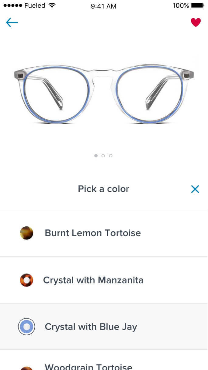 A screenshot of the Warby Parker app, showing a glasses selection. 
