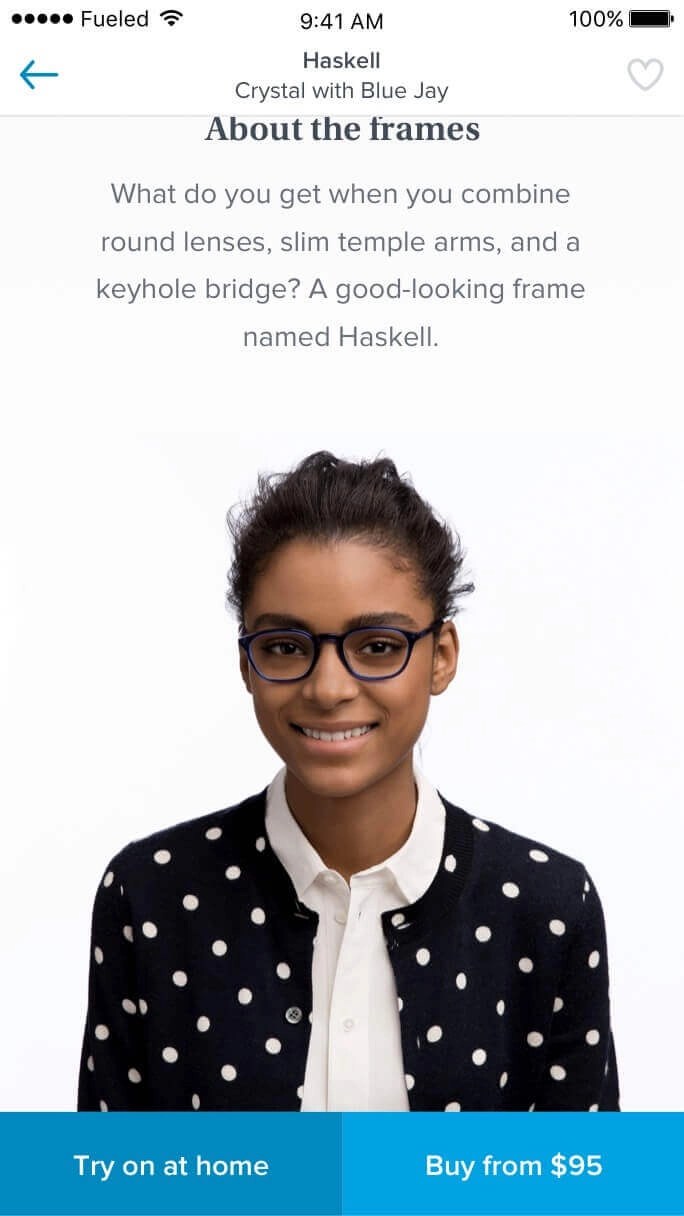 A screenshot of the Warby Parker app, showing a glasses description. 
