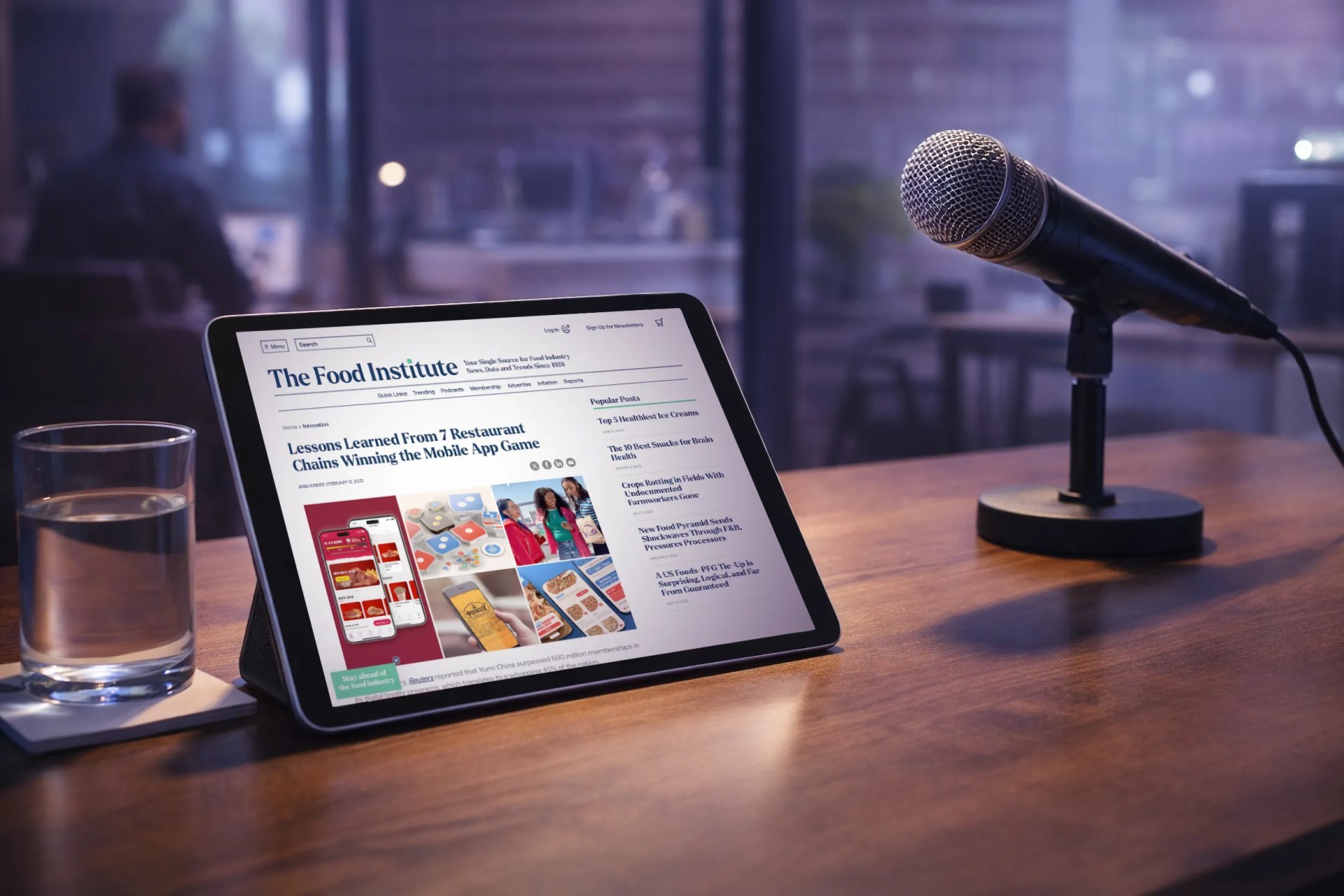 A desk with a microphone for podcasting and an iPad with an article featuring our mobile app design work