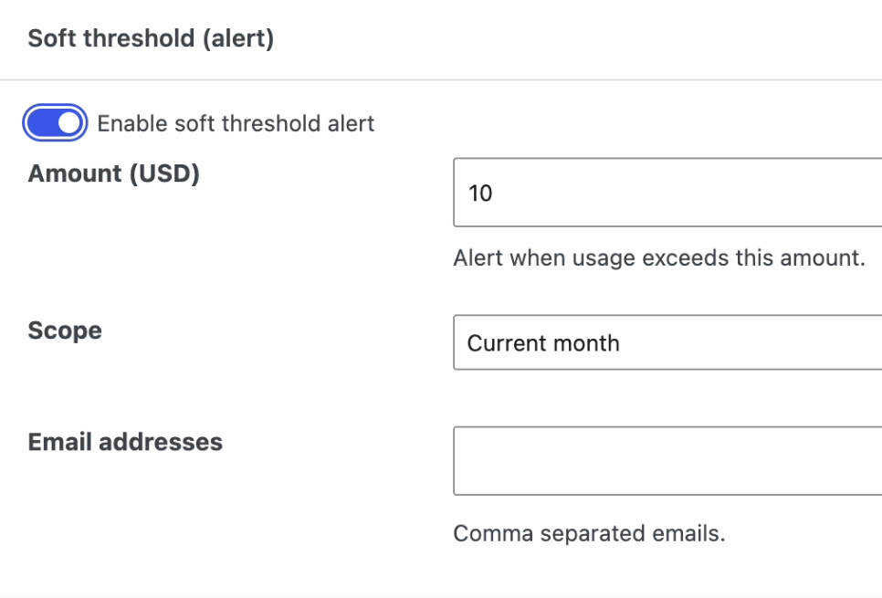A screenshot of the soft threshold settings, with the amount set at $10 for the current month.