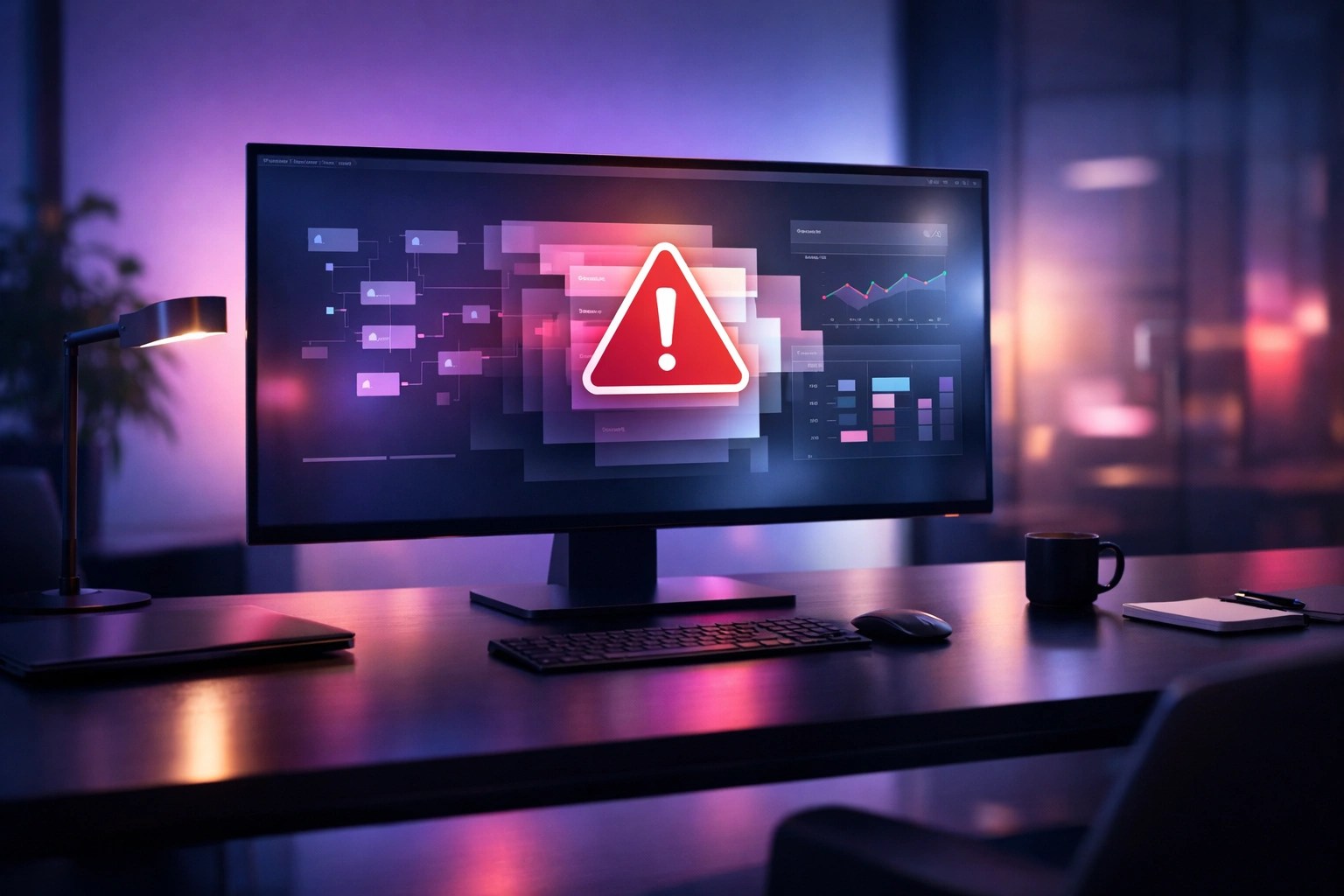 A large monitor sits on a desk in a modern office and displays several web pages, with a large warning triangle in the middle.