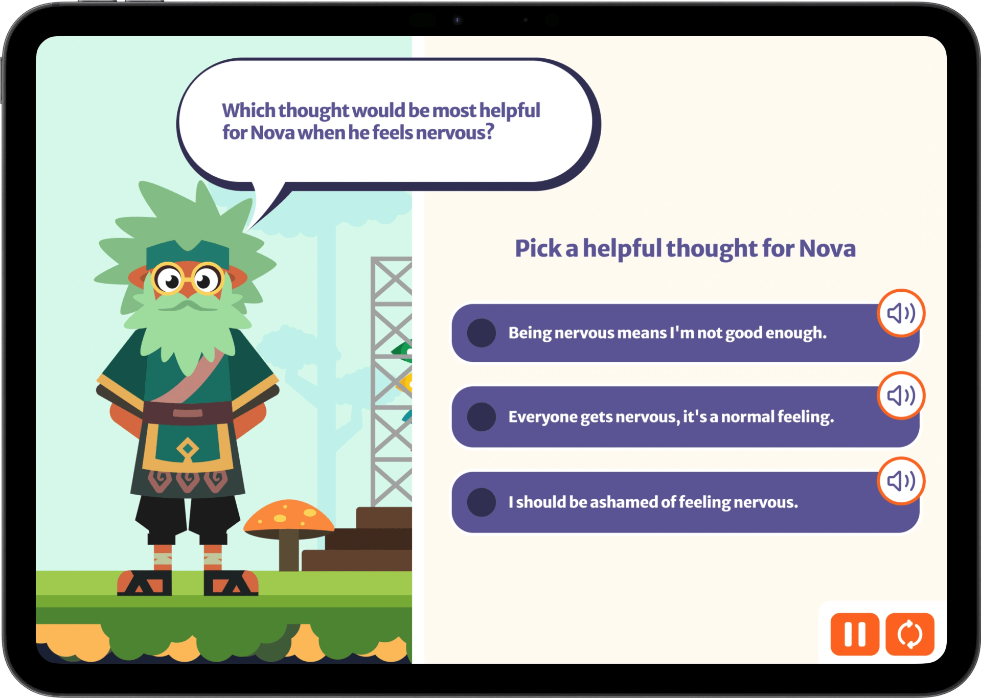 An example of an interaction in the Neelo app, asking the user to pick a helpful response to a friend. 