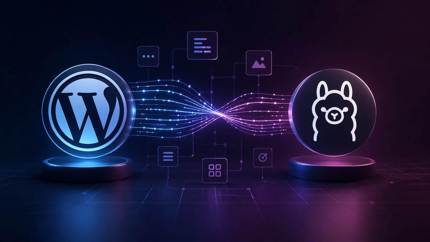 An illustration of the WordPress logo and Ollama logo being connected by lines of code, in hues of purple and blue.
