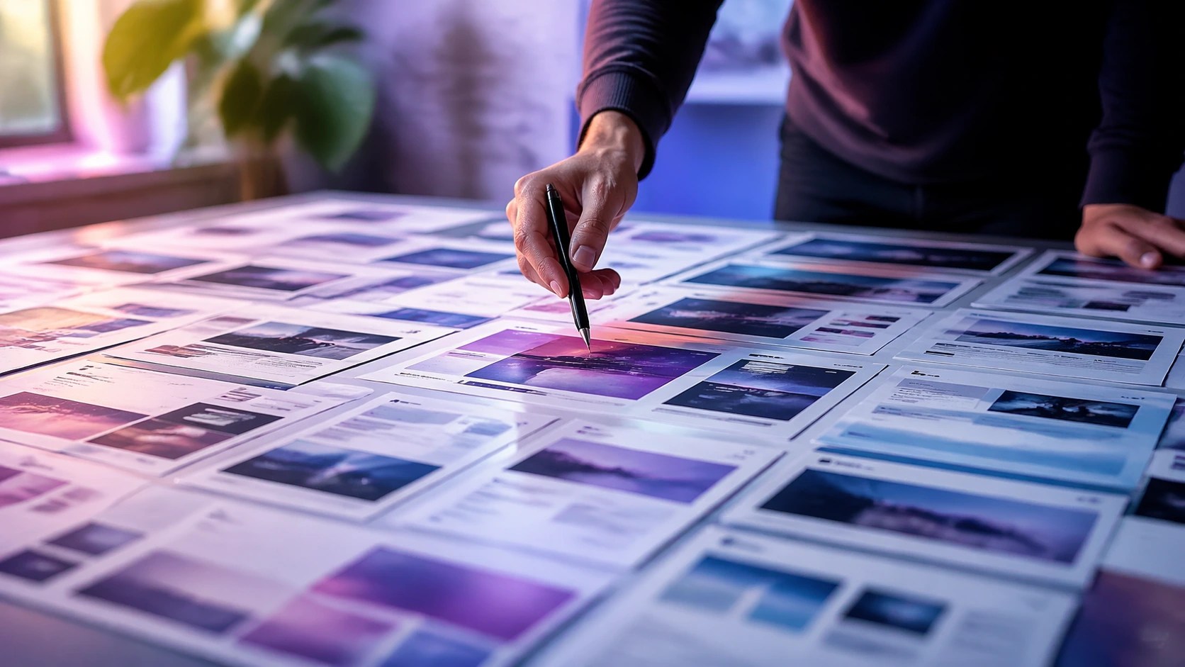 A designer holds a pen over different design options laid out on a table.