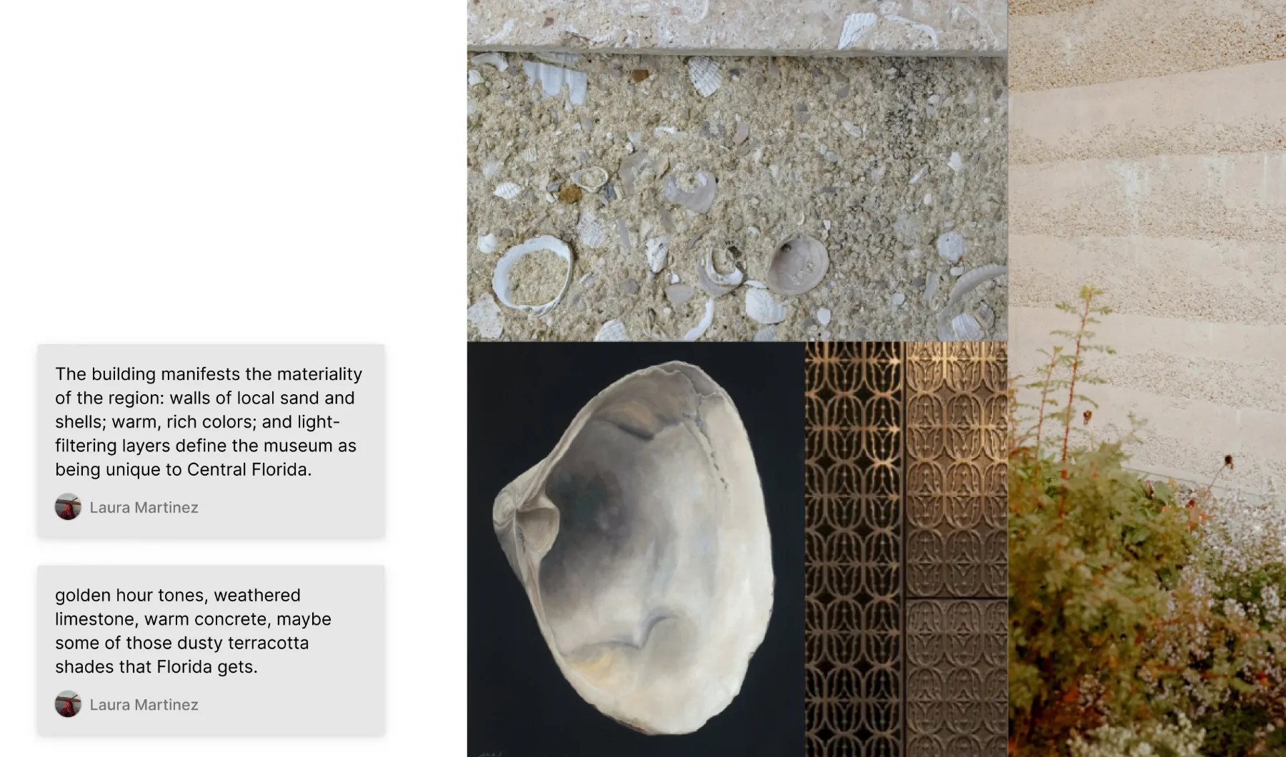 An example of the different textures of the Vero Beach Museum of Art microsite - sand, shells, and limestone - next to comments from the lead designer. 
