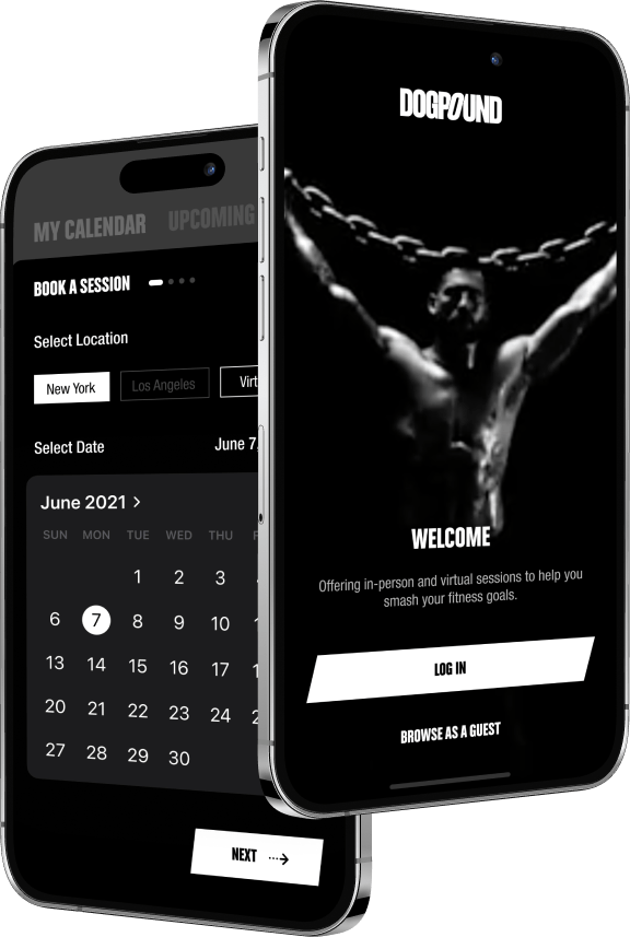 Screenshots of the DOGPOUND app, displayed on iPhones. 
