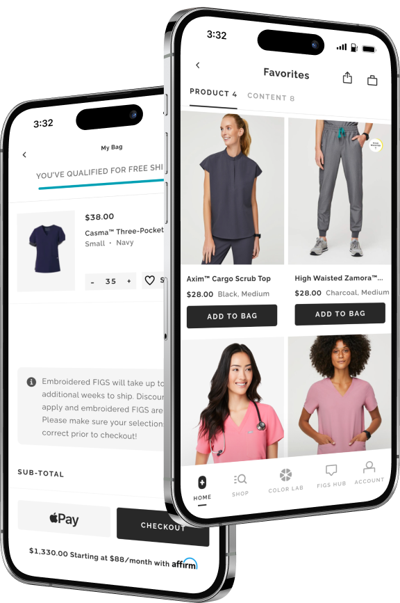 Screenshots of the FIGS app, displayed on iPhones. 