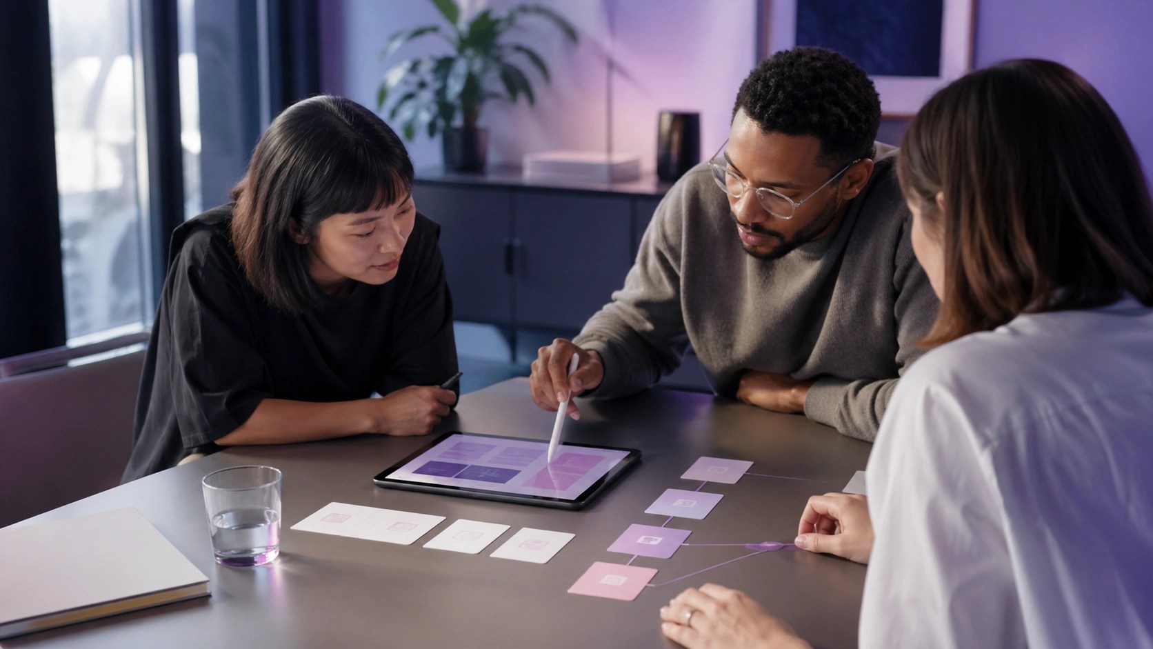 Three people sit at an office table, discussing a new product with an iPad.