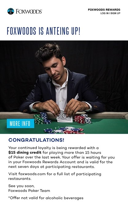 An example Foxwoods email specifically for guests who enjoy gambling, showing a special offer on poker play.