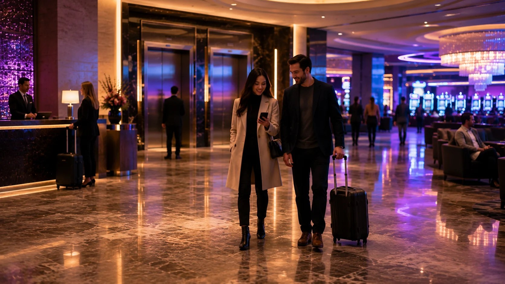The lobby of a popular casino, with a couple smiling at a notification on their phone.