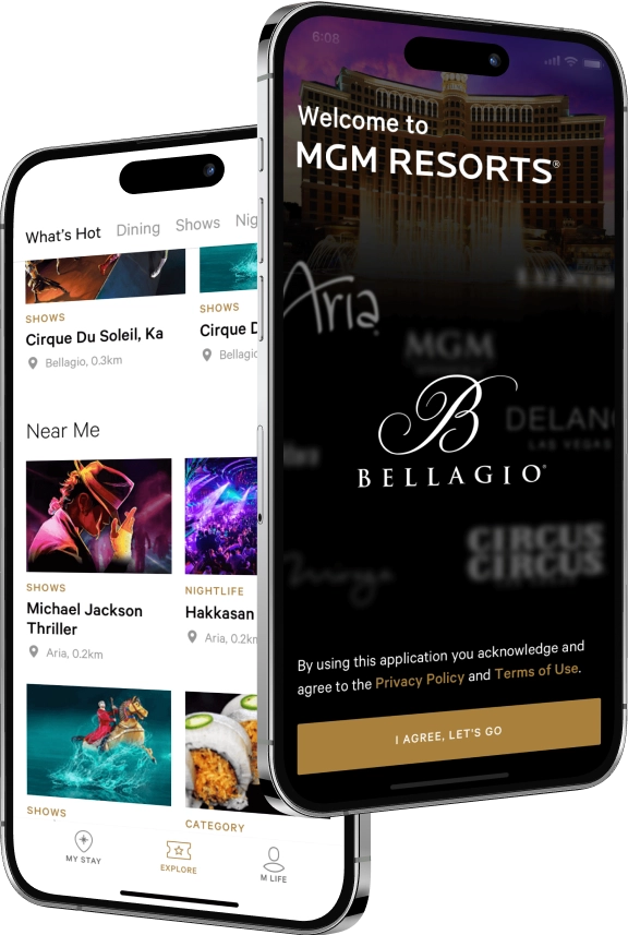 Screenshots of the MGM Resorts app, displayed on iPhones. 