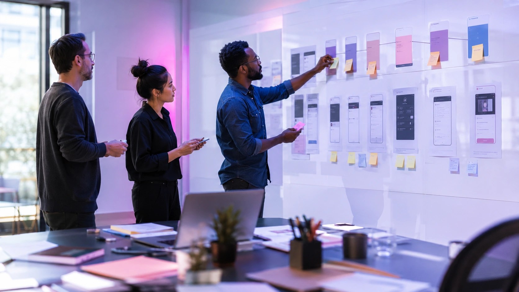 A product development team place notes on printouts of a new product.