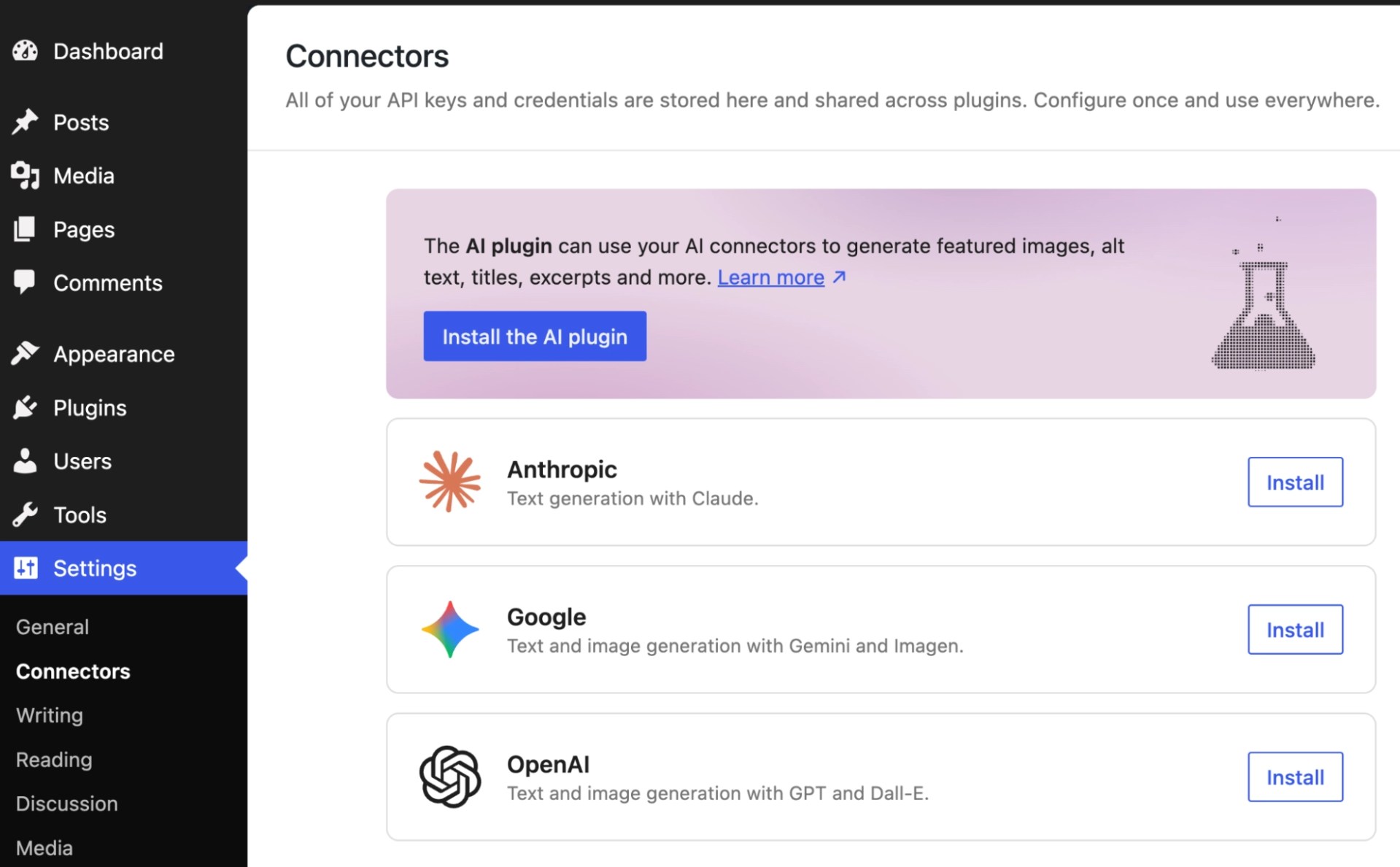 A screenshot of the AI Connectors page on the new WordPress 7.0 experience. 