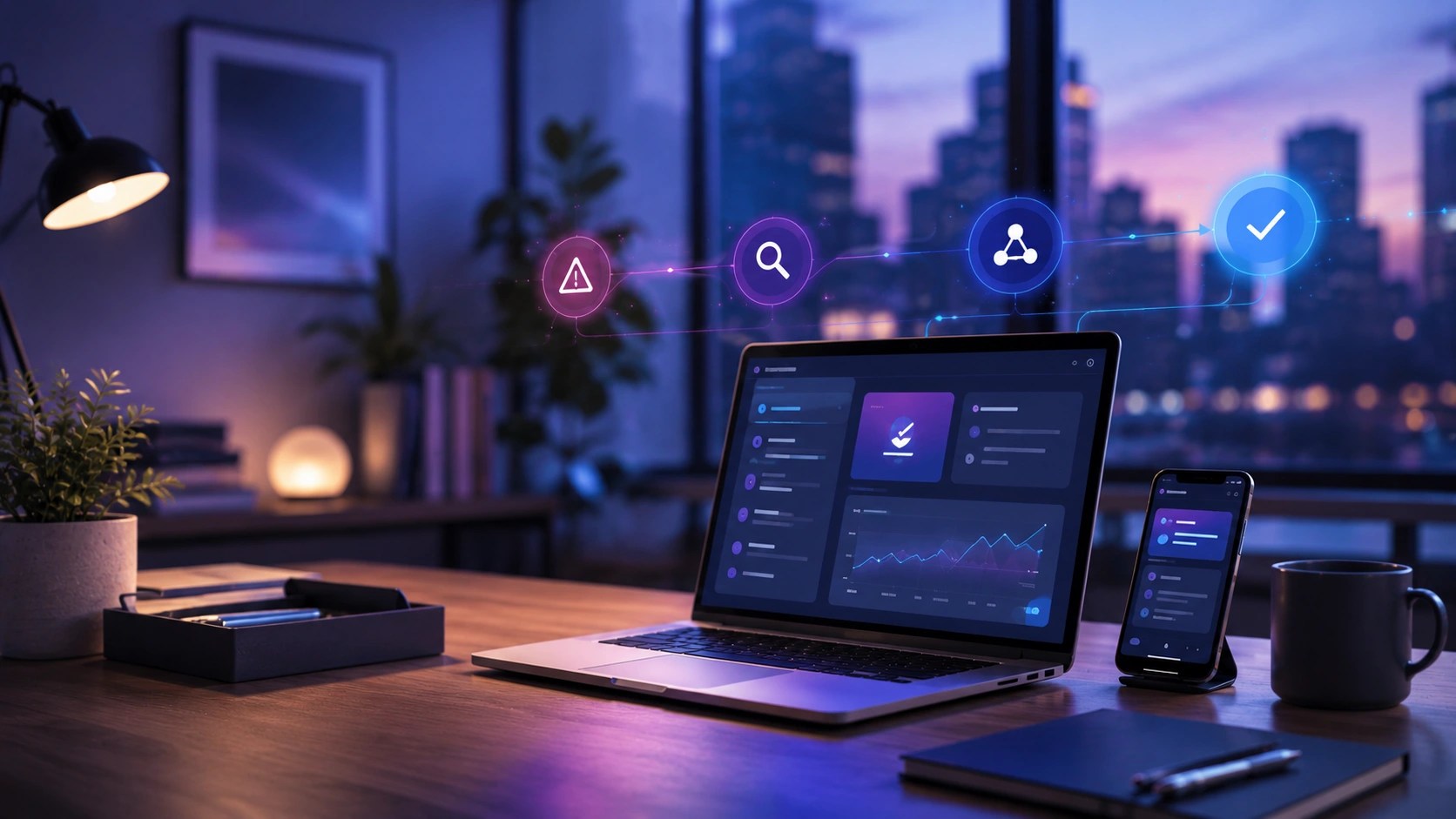 A laptop sits on a desk, with a process of product maintenance (alert, discover, solve, fix) floating above it.