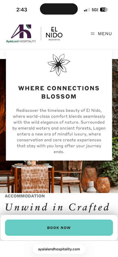A screenshot of Ayala Land's El Nido brand site. 