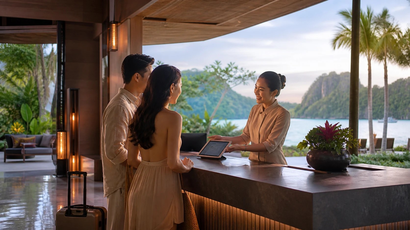 A couple checks into a nice resort in the Philippines.