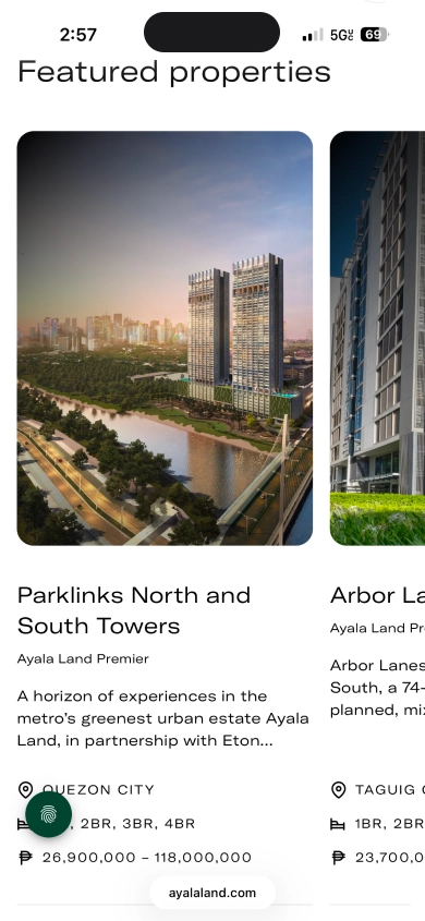 A screenshot of Ayala Land Premier's homescreen.