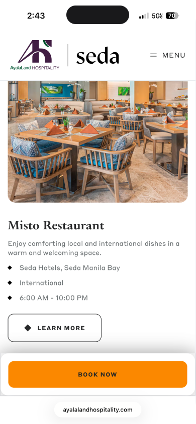 A screenshot of Ayala Land's Seda brand site.