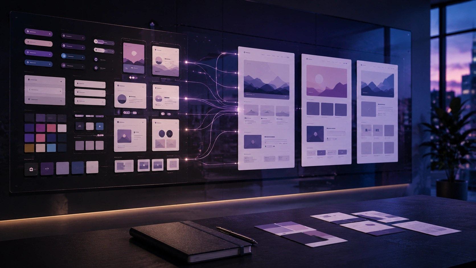 A sleek desktop interface shows a design system transferring into wireframes for a webpage.