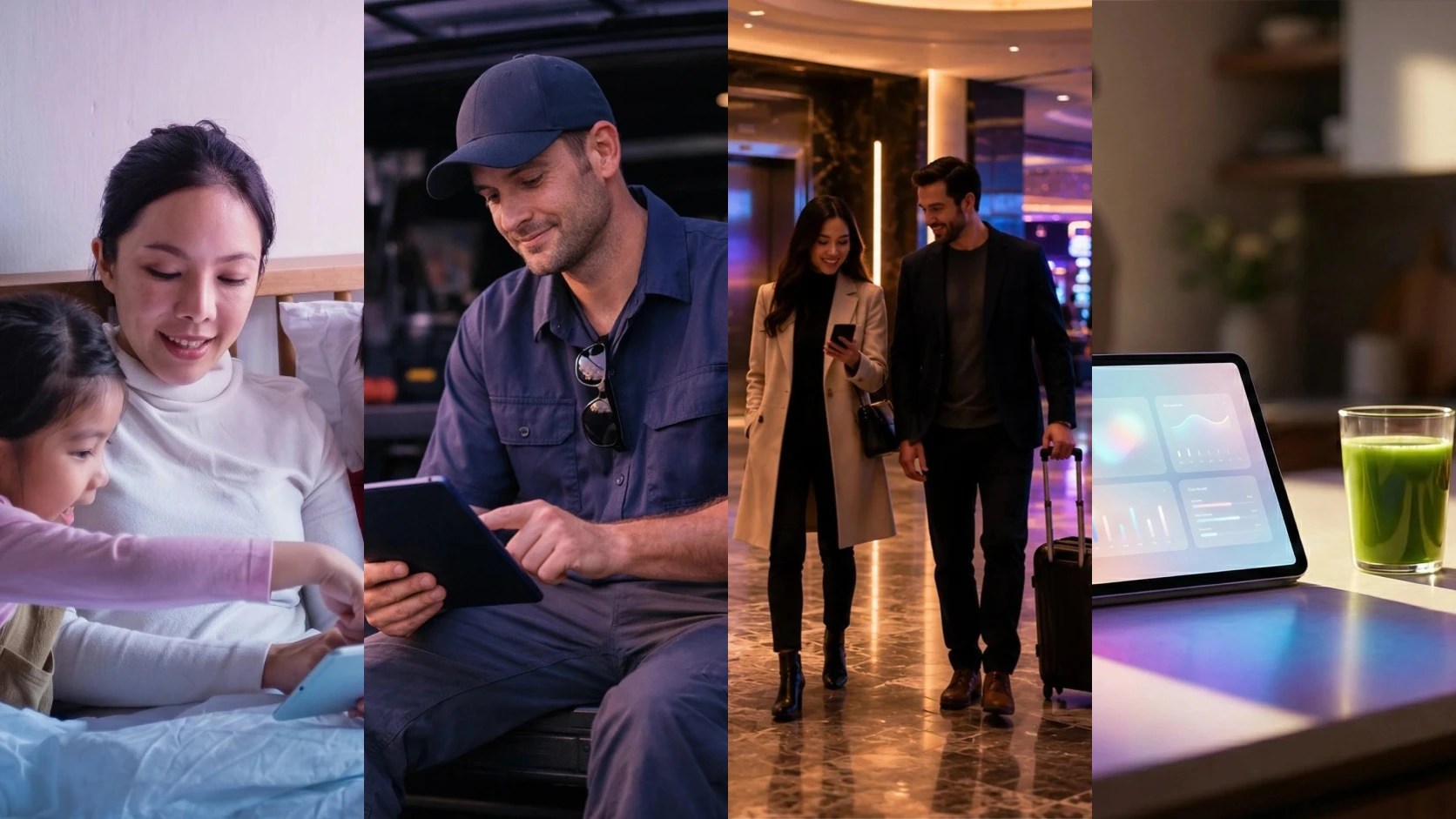 Four images showcase the four case studies: a mom and daughter on an iPad, a handyman on an iPad, a couple walking through a casino, and an interface on an iPad next to a green juice.