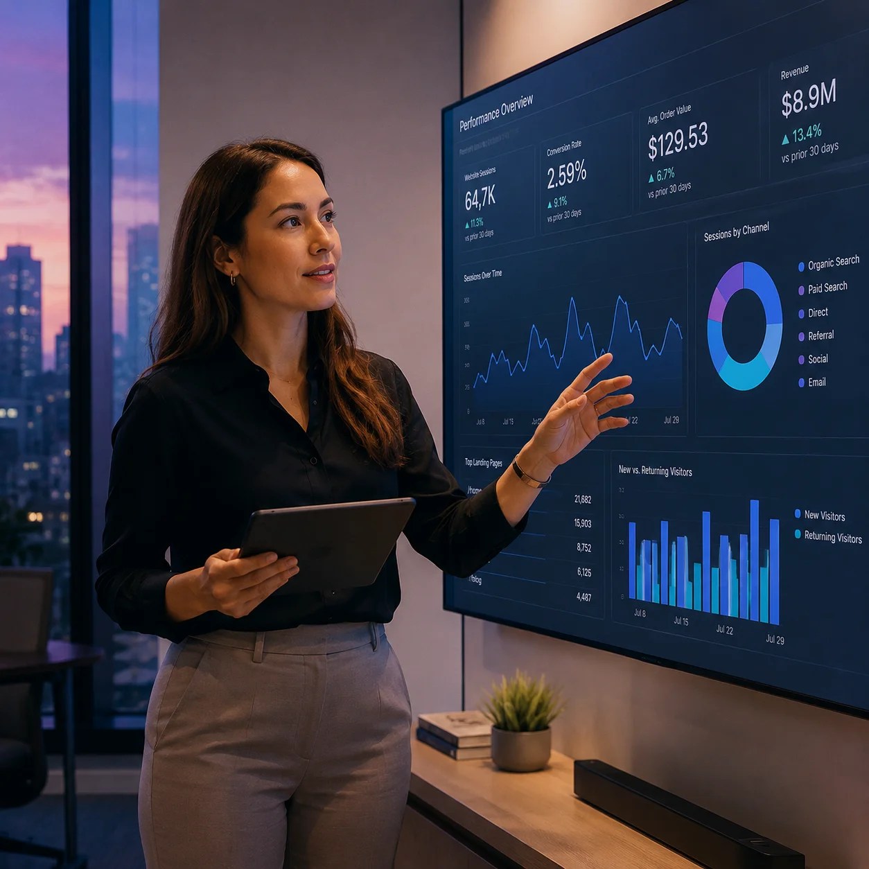 Professional growth strategist presents digital KPIs on a larger screen.